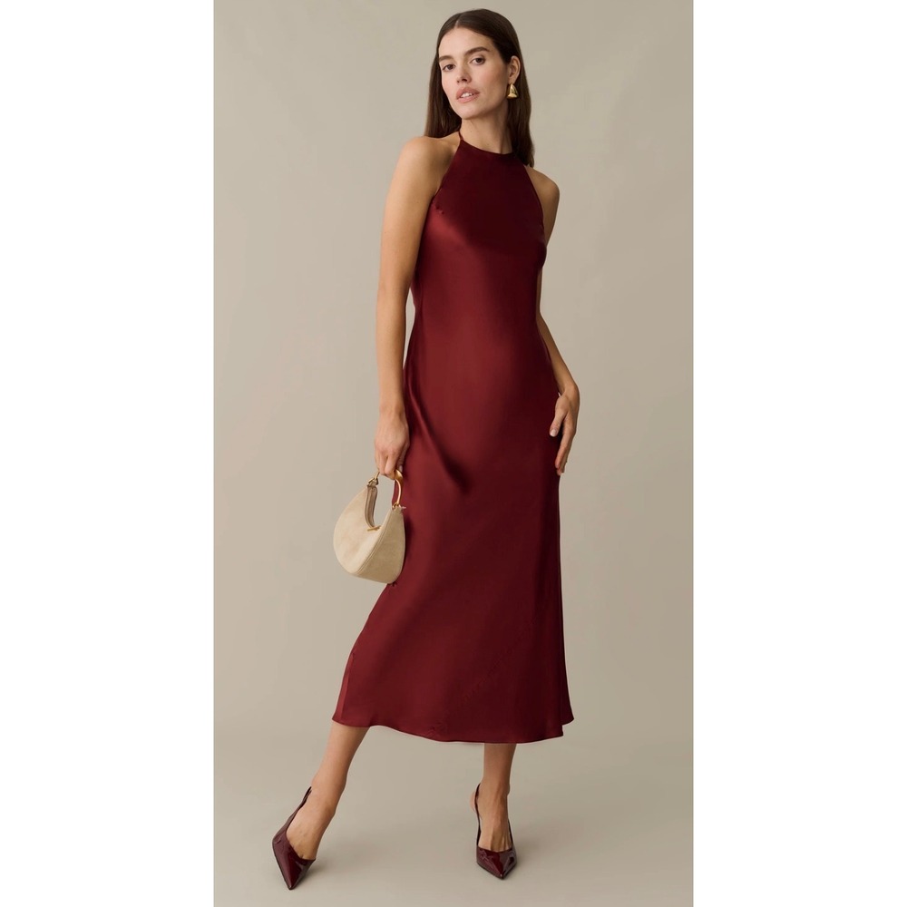 Few Moda Kourt Maroon 100% Silk Halter Neck Open Back Maxi Dress K25WDRW1658G